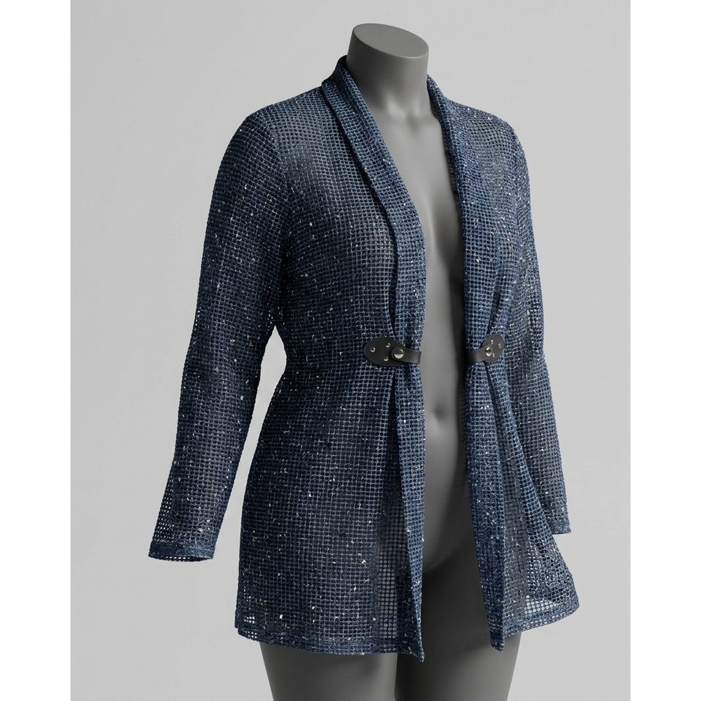Quiet Luxury Open Knit Mesh Cardigan Blue White Speckled Faux Leather Tab XL Wms